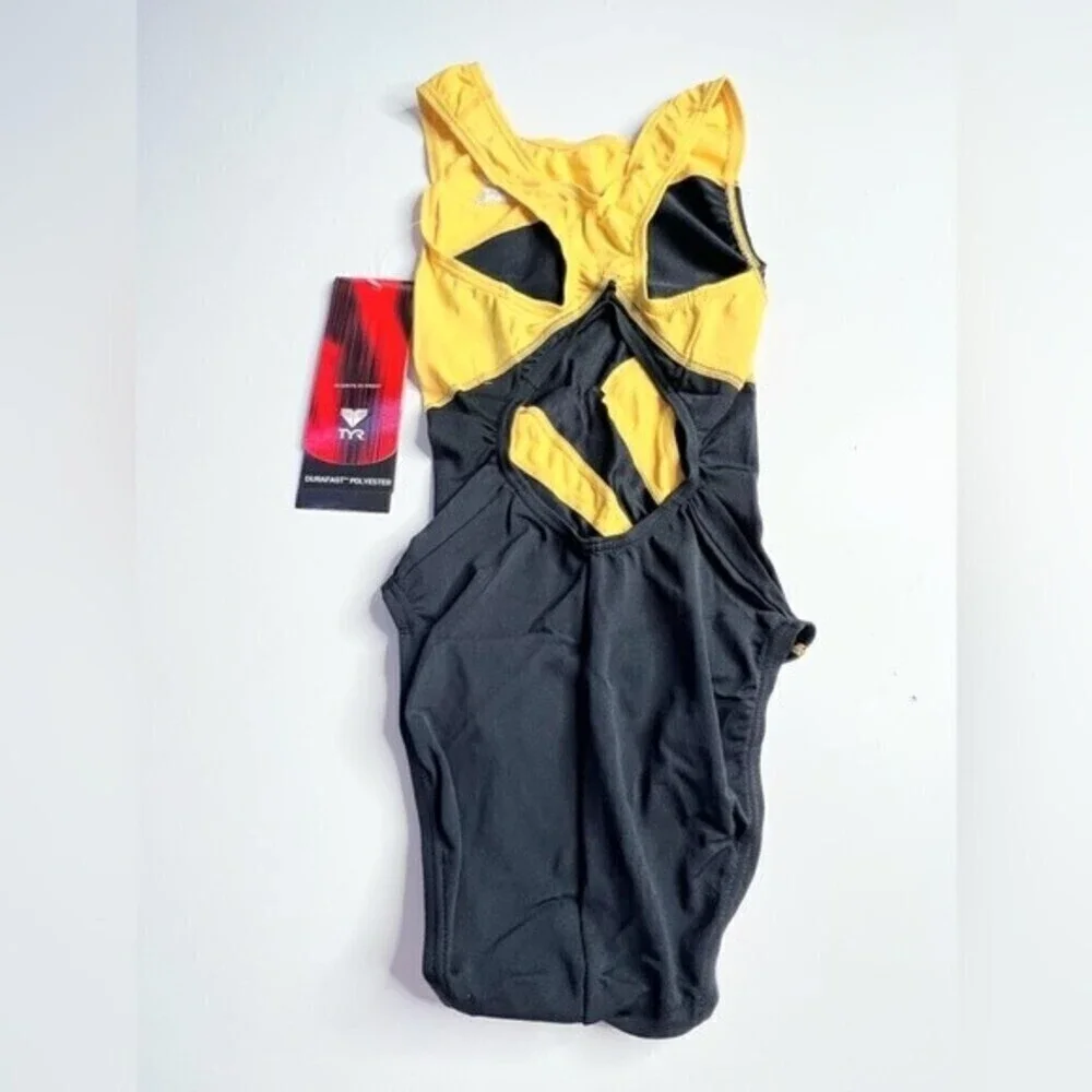 TYR Girls' Maxfit Swimsuit Atle- T-Splice black/gold size 8.